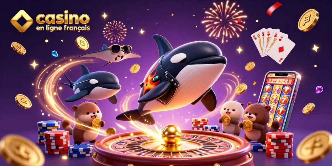 Scène animée représentant un casino en ligne français avec une orque, une raie, et des loutres tenant des pièces d'or.
