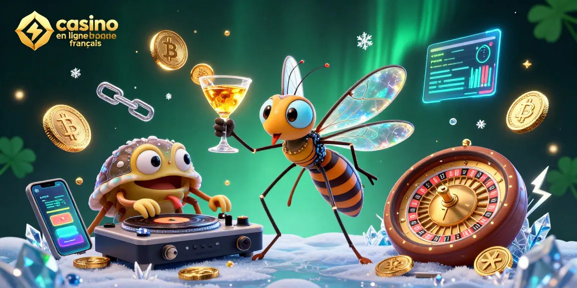Explorez le casino en ligne français avec un sceau de fierté, entouré de pièces de crypto-monnaie et d'effets éclatants.
