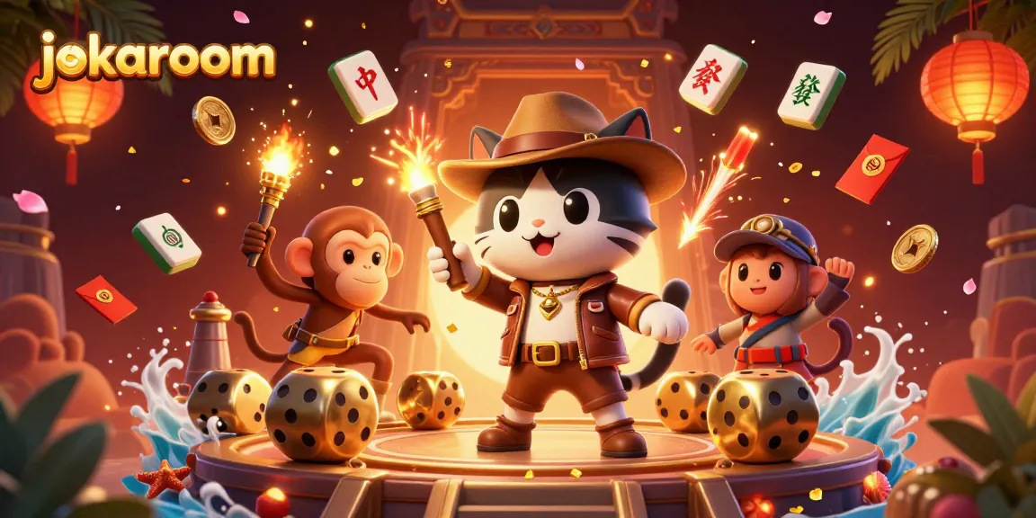 Engaging jokaroom scene with a cartoon explorer cat and monkey discovering a casino artifact amidst festive elements.