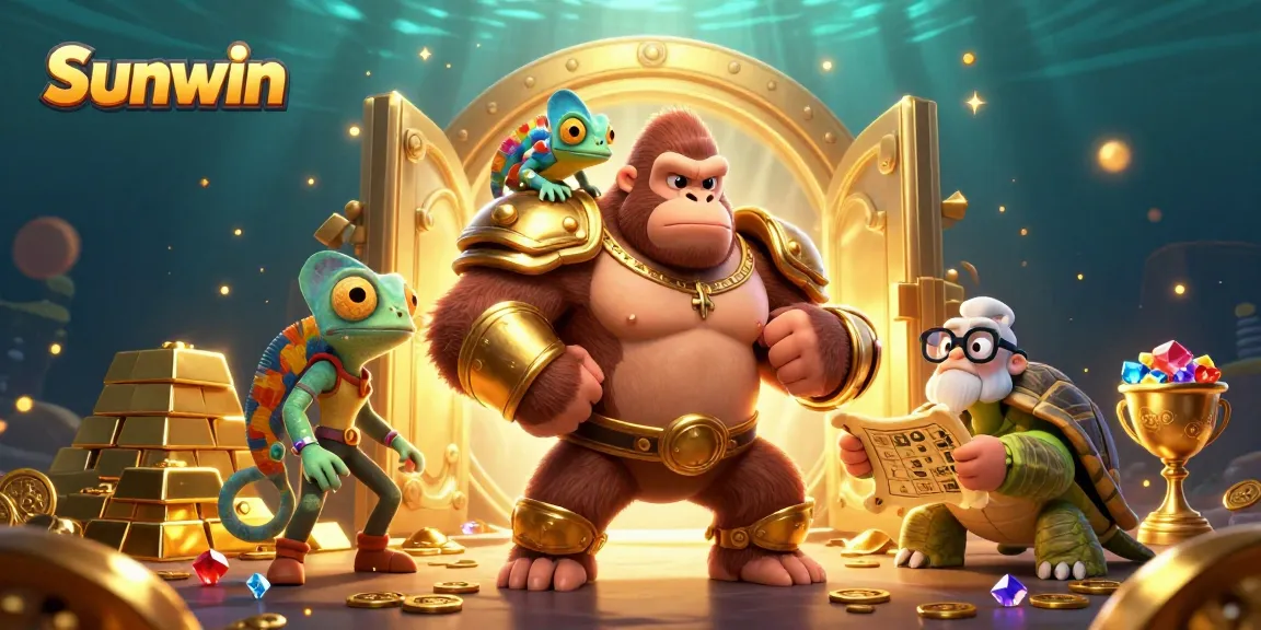 Spin and win with Sunwin's vibrant casino scene featuring a powerful gorilla and treasures.