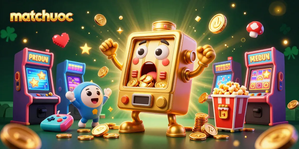 Experience matchuoc excitement with a golden slot machine hitting a jackpot, surrounded by cheering mini slot machines.