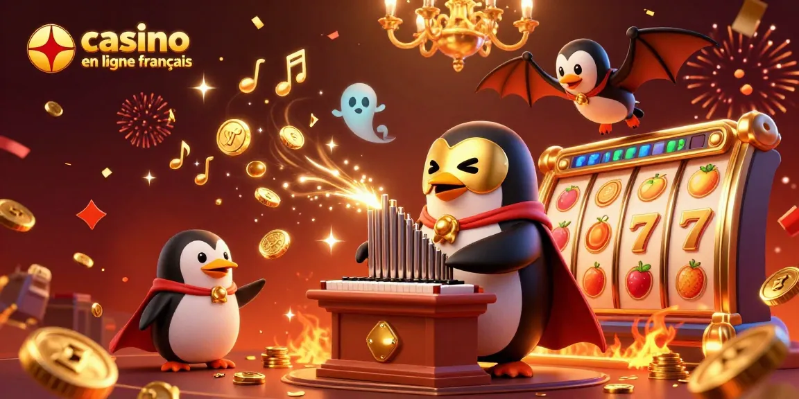 Visitez un casino en ligne français avec des machines à sous et un pingouin jouant de l'orgue, de l'argent jaillissant.