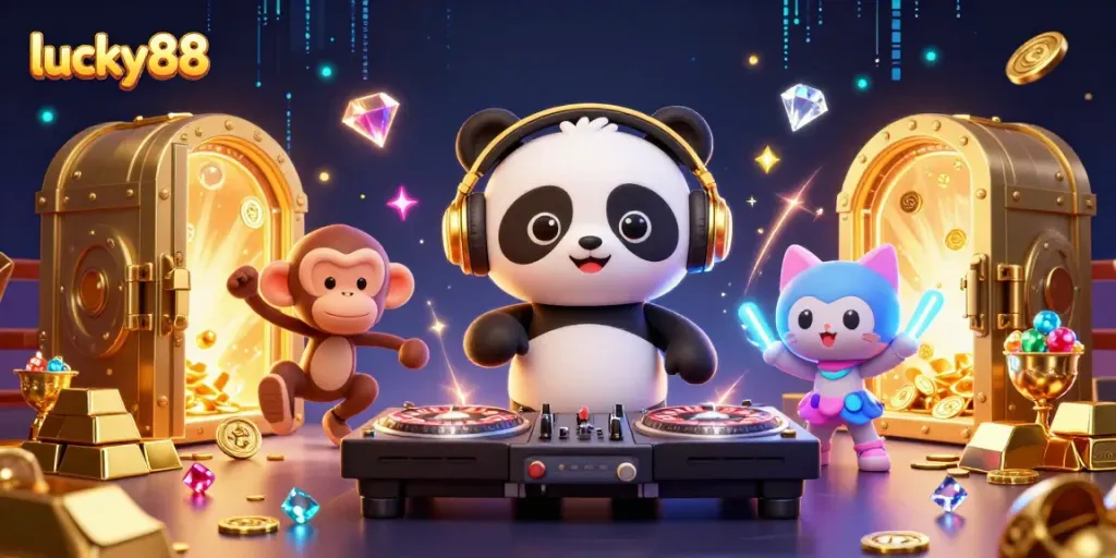 Experience the energy of lucky88 with a DJ panda, dancing monkey, and glowing kitten in a vibrant casino scene.