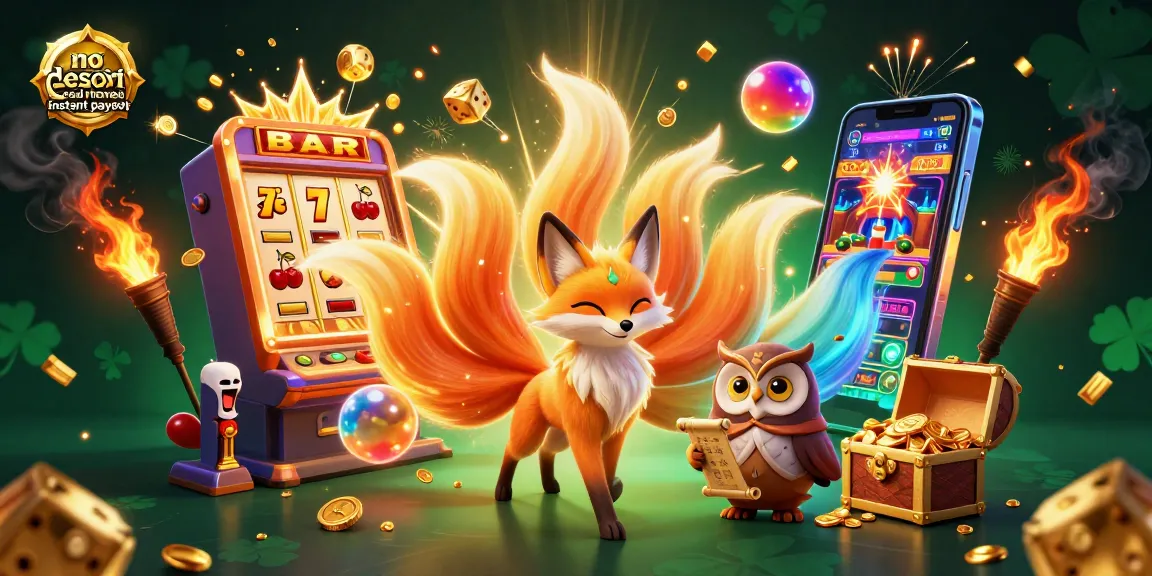 No deposit casino real money instant payout visual showcasing a vibrant nine-tailed fox alongside casino elements like slots and gold.