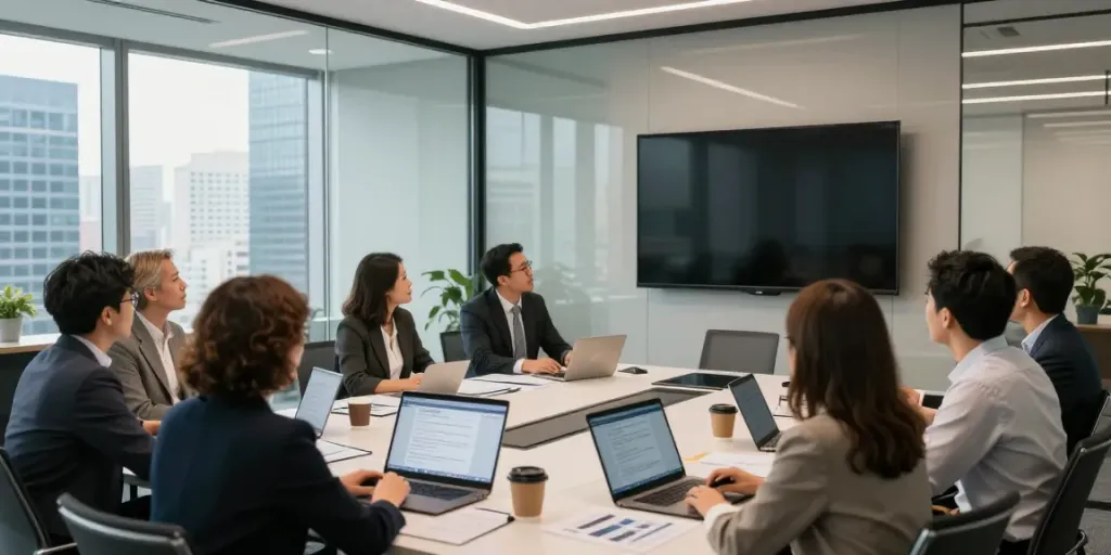 Team collaborating on a discussion on WebProNews.com in a modern office setting