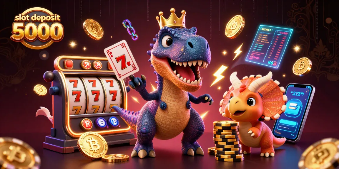 Slot deposit 5000 dengan T-Rex mengocok kartu, pterodactyl membantu, dan triceratops menumpuk chip emas.