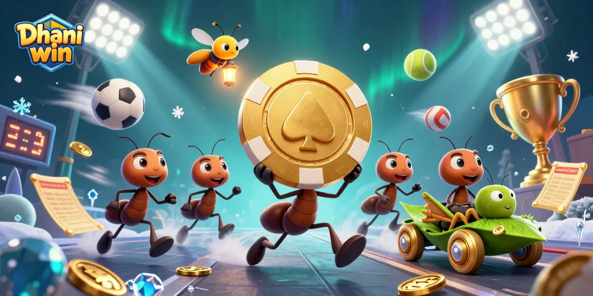 Dhani win ants heist carrying a giant poker chip amidst dynamic sports elements and vibrant winnings.