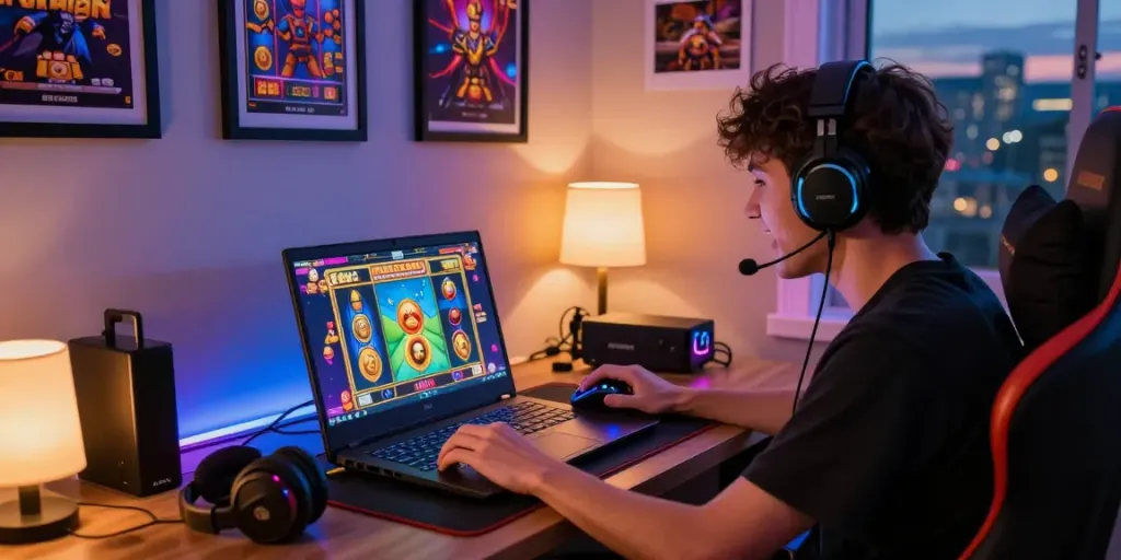Player enjoying an engaging slot demo on laptop showcasing slot gacor hari ini with vibrant graphics and gaming accessories.