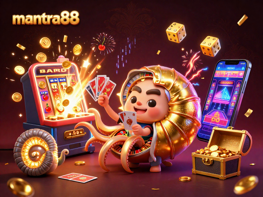 Experience the excitement of mantra88 with a vibrant casino scene featuring a giant nautilus roulette wheel.