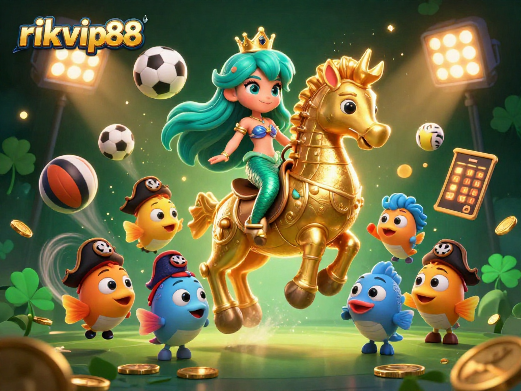 Experience the excitement of rikvip88 with a vibrant 3D illustration of an epic underwater gambling scene.