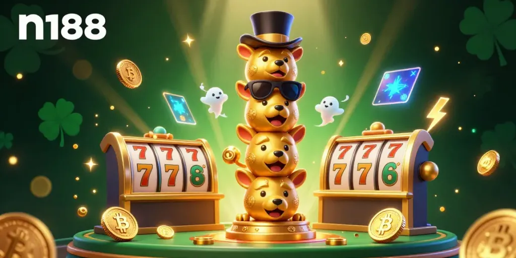 N188 brings vibrant, dynamic gaming experience through a 3D illustration of a golden totem pole surrounded by slot games and cryptocurrency elements.