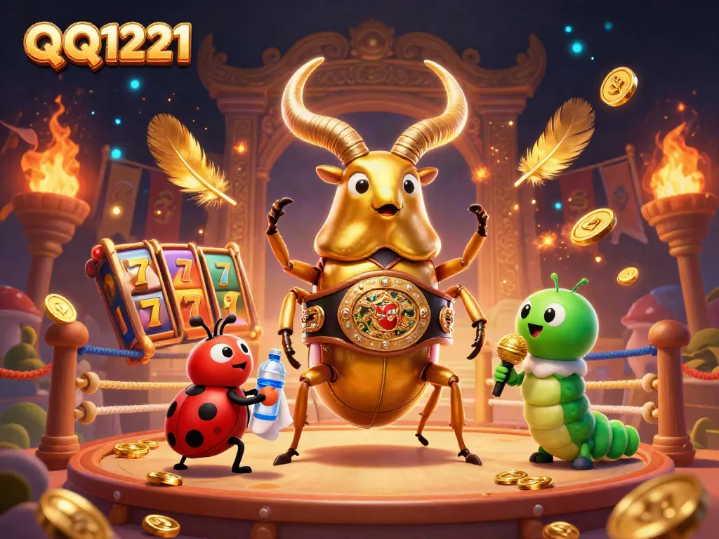 Experience the excitement of QQ1221 with a golden beetle champion battling in a vibrant casino arena.