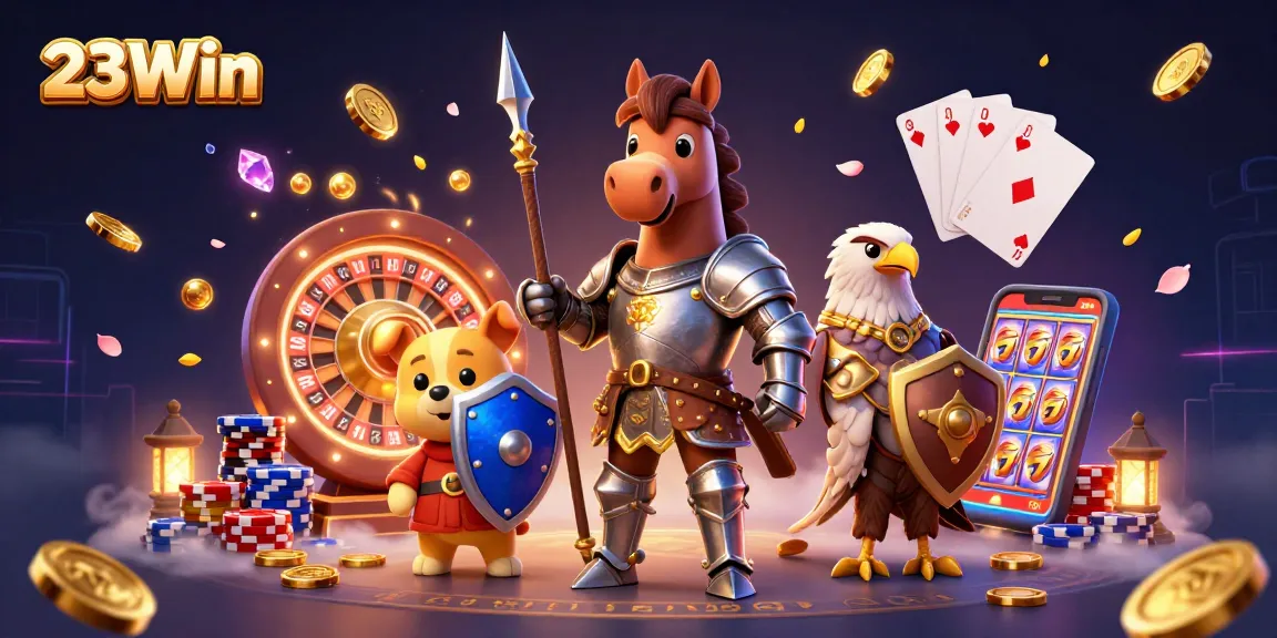 Experience the thrill of winning at 23Win with this vibrant casino illustration featuring a knight and whimsical characters.
