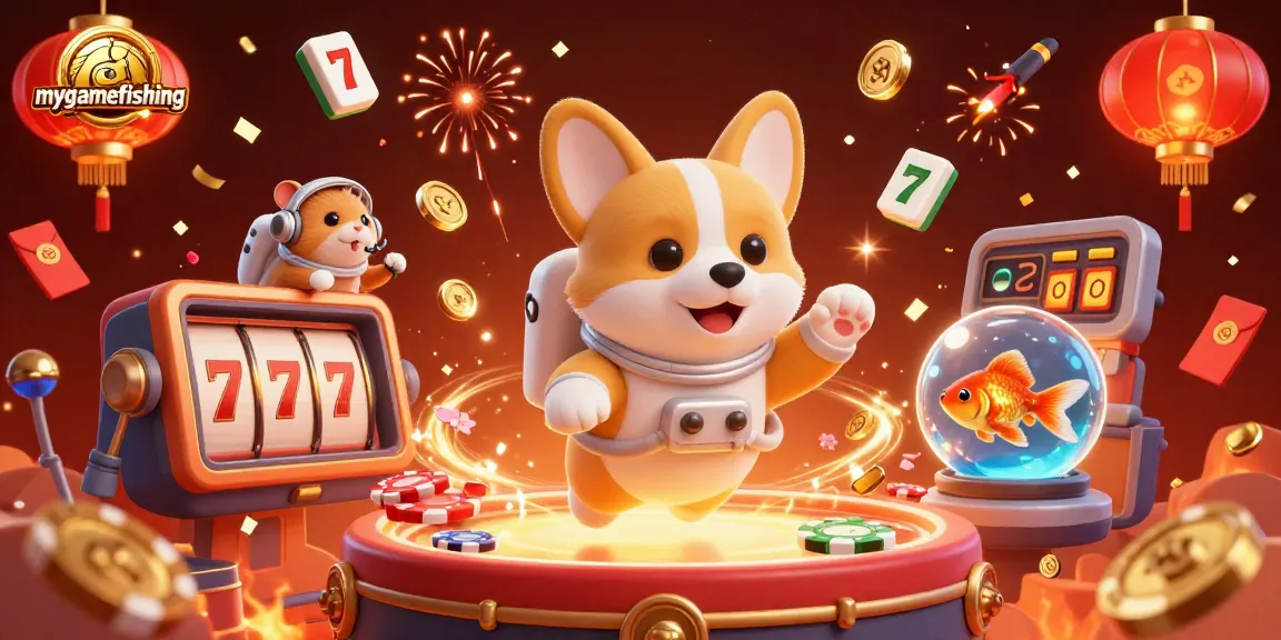 Experience mygamefishing's unique casino adventure with vibrant characters and festive elements.
