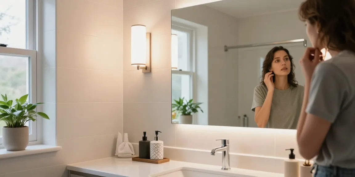 Aplica baie modernă cu iluminat LED în baie elegantă, creând o atmosferă primitoare.