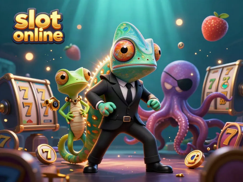 Spin the reels in this vibrant 3D scene inspired by slot online gaming, featuring dynamic characters and lavish casino elements.
