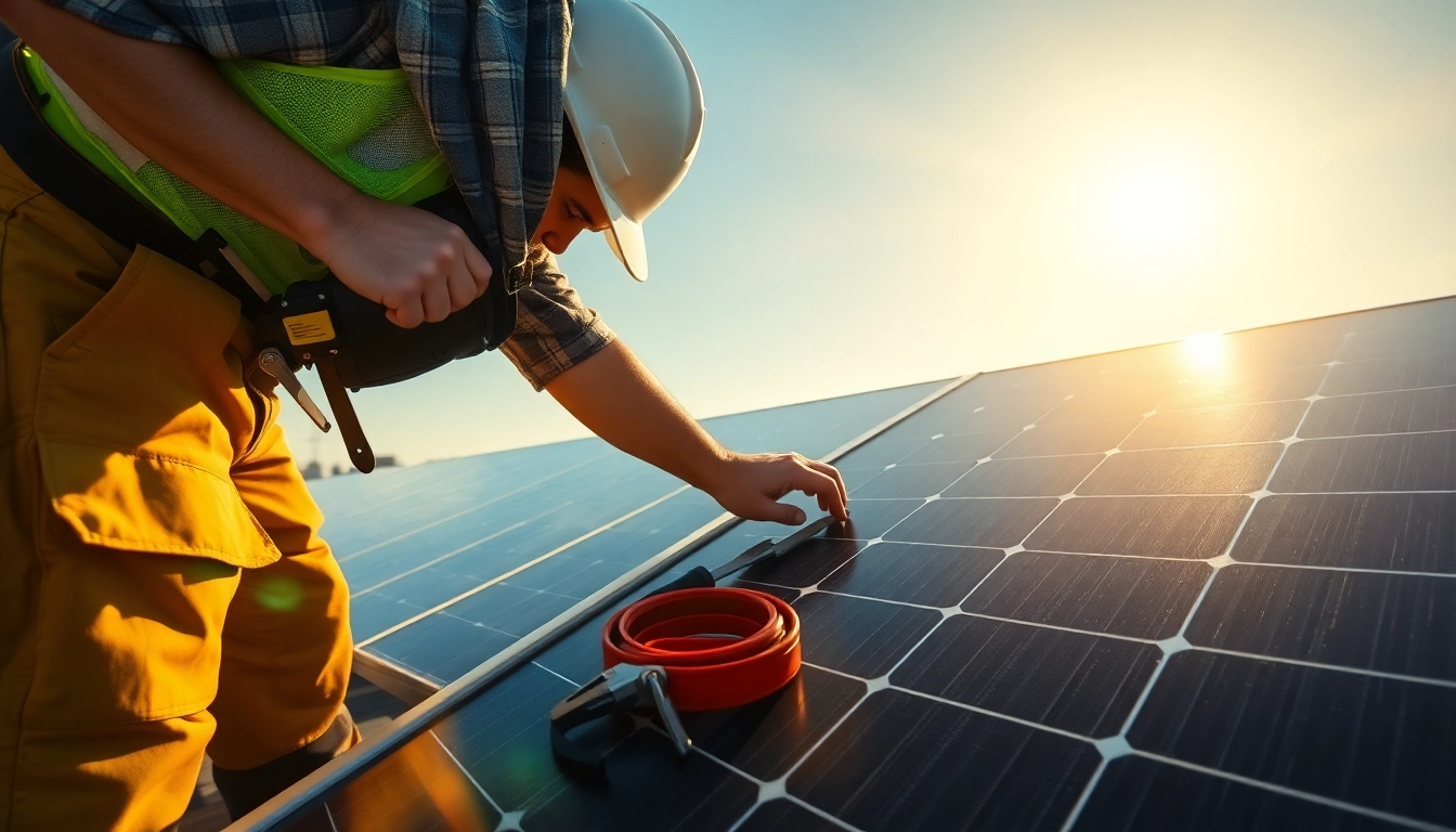 Technician engaged in solar panel repair while ensuring safety and efficiency.
