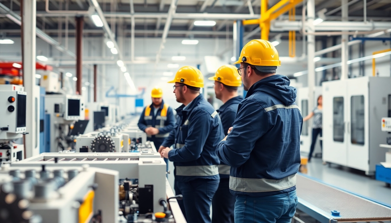 Showcasing Contract Manufacturing Services with skilled workers and advanced machinery in an industrial setting.