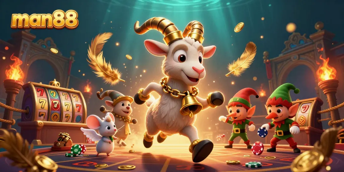 Engage with man88’s festive casino scene featuring Krampus, an angel mouse, and gremlin elves amid chaos.