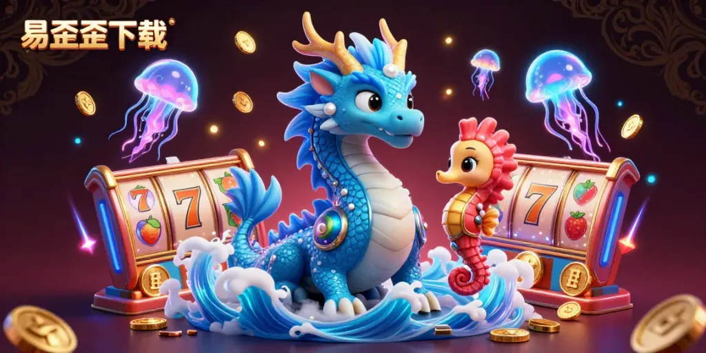 Experience excitement with 易歪歪下载 featuring vibrant dragon, coral knight, and colorful slot reels in captivating casino art.