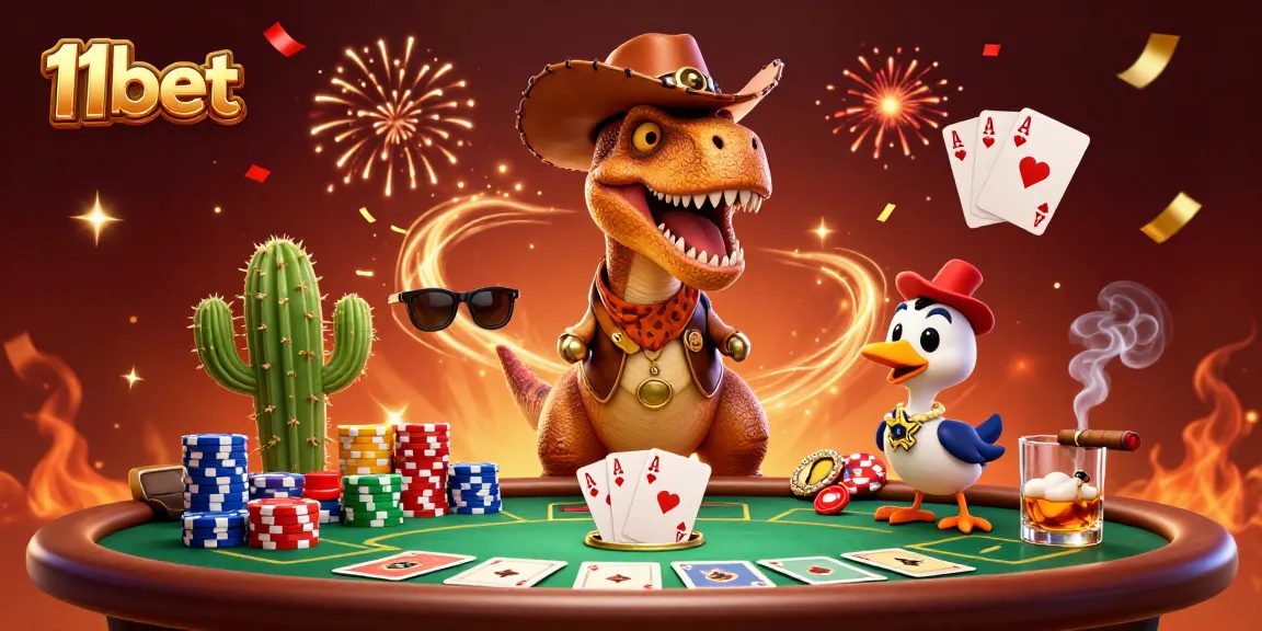 Experience the excitement of 11bet with a vibrant 3D scene featuring casino characters and poker elements.