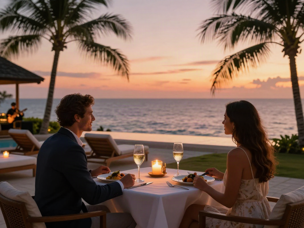 LUXURY111 menikmati momen romantis di resort mewah dengan pemandangan laut.