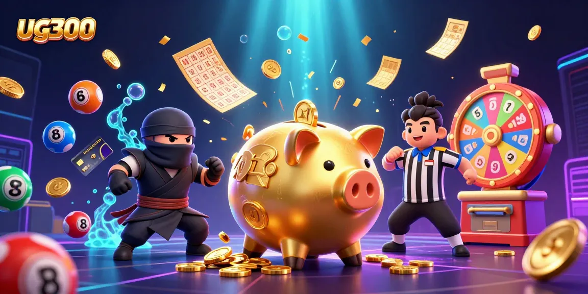 Mengguncang koin emas, ug300 menyajikan pertarungan epik antara sumo dan ninja dalam ilustrasi kasino.