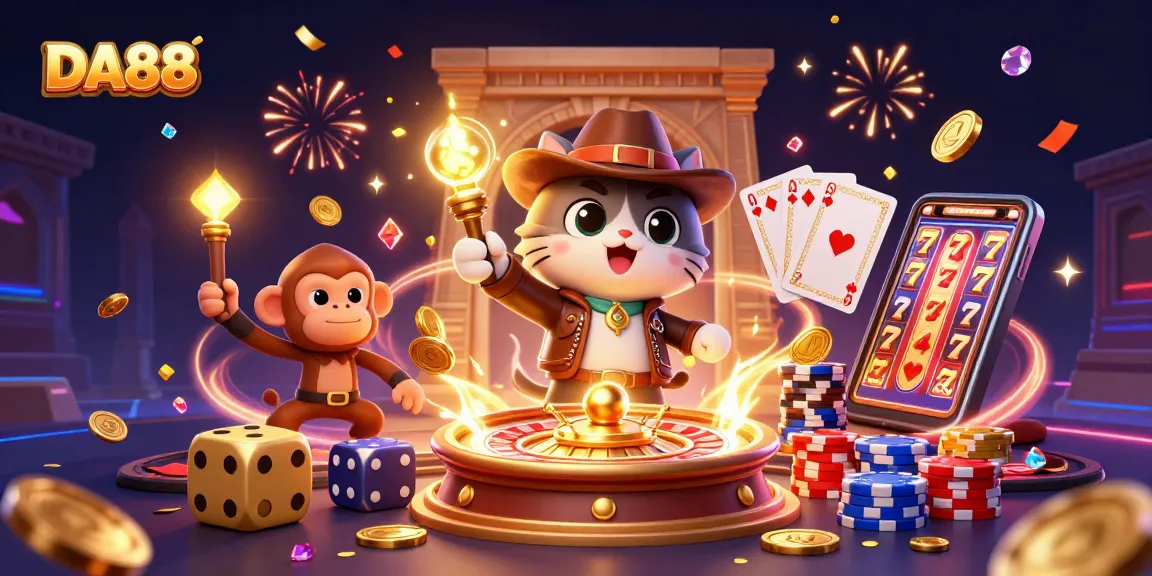 DA88 illustrates a cartoon explorer cat discovering golden casino treasures with vibrant game elements.
