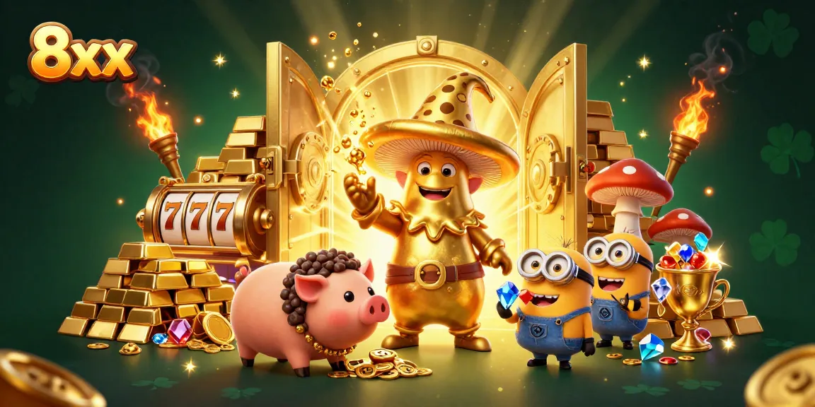 Play slots and win big with 8xx in this vibrant 3D casino illustration