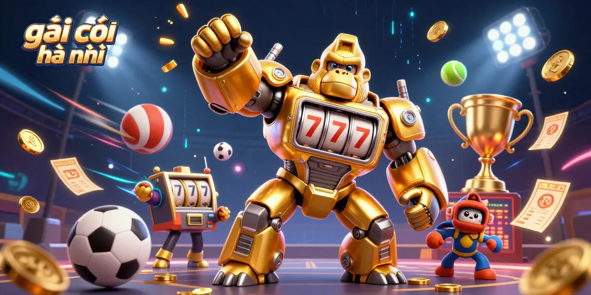 Experience exhilarating gaming action with a golden gorilla mech and vibrant sports symbols in gái gọi hà nội.