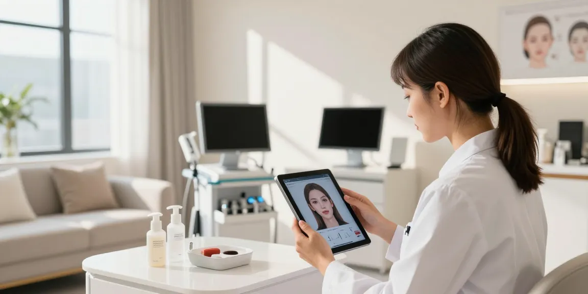 Professional aesthetics specialist analyzing facial features through AI at a beauty clinic focusing on Alternatives to QOVES.