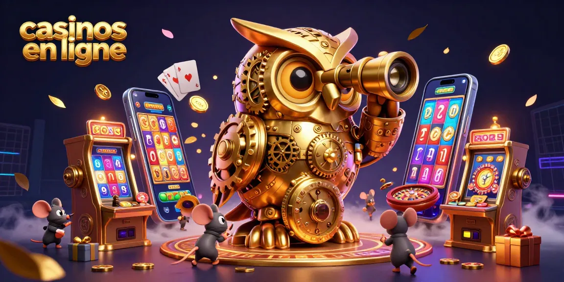 Jouez aux casinos en ligne avec une scène vibrante incluant des machines à sous et un hibou en or.