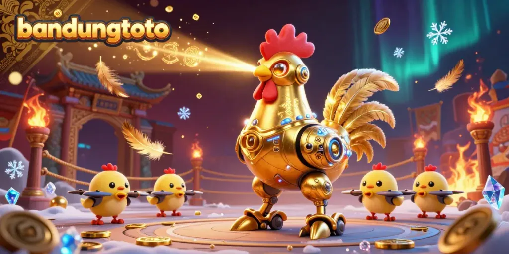Experience thrilling gaming action with bandungtoto as a golden rooster robot leads baby chick drones in a vibrant casino scene.
