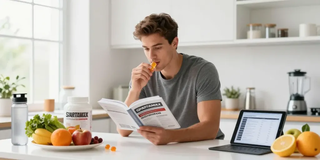 Enjoying Spartamax supplement gummy in a bright, healthy kitchen.