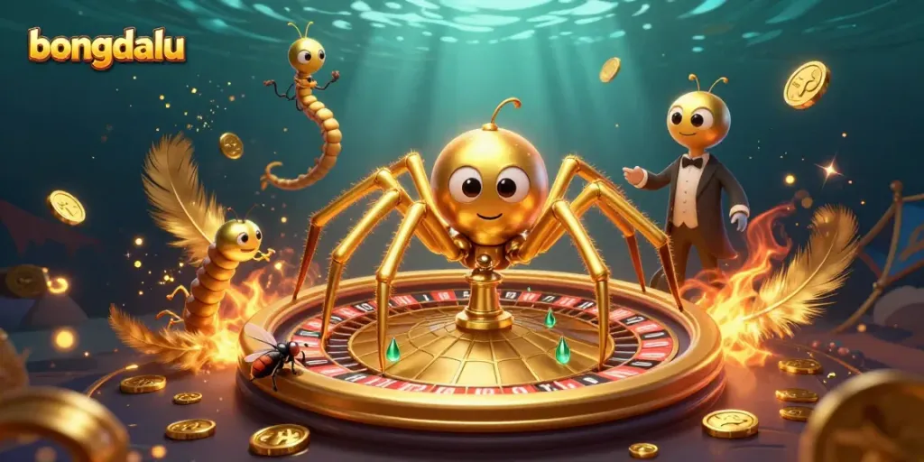 Bet on Bongdalu as a golden spider spins a roulette wheel web in this vibrant, dynamic scene.