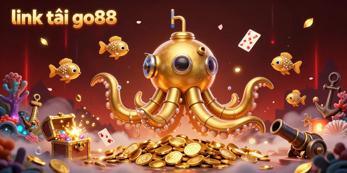 Experience thrilling gaming with link tải go88, featuring a golden kraken submarine in a treasure-filled underwater scene.