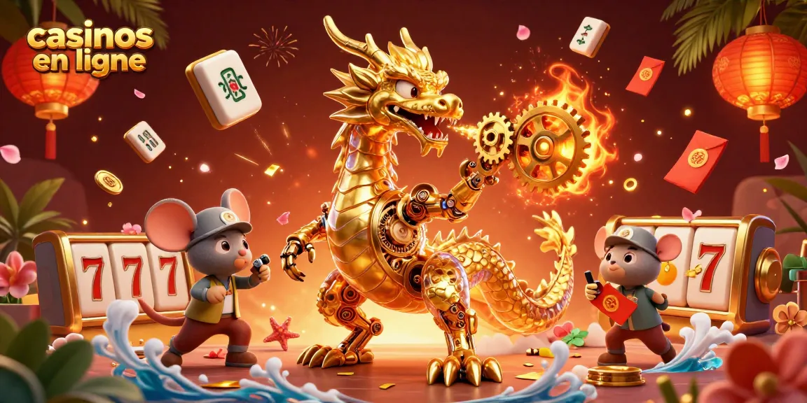 Une illustration 3D animée d'un dragon doré dans le monde des casinos en ligne, entouré de symboles de chance.