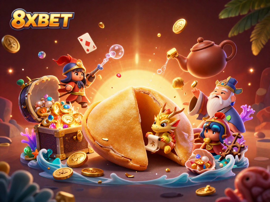 Engage with thrilling games at 8XBET, featuring a dynamic scene with a golden fortune cookie and symbol-rich elements.