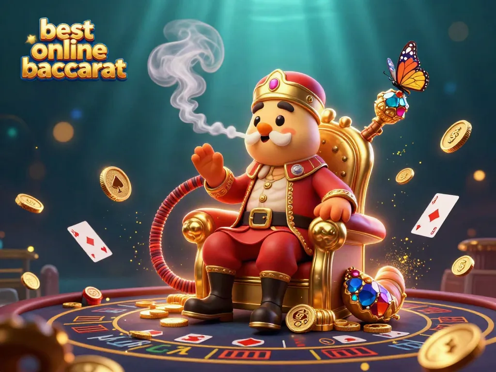 Experience the best online baccarat with a vibrant 3D scene featuring characters from the game surrounded by rich gambling elements.