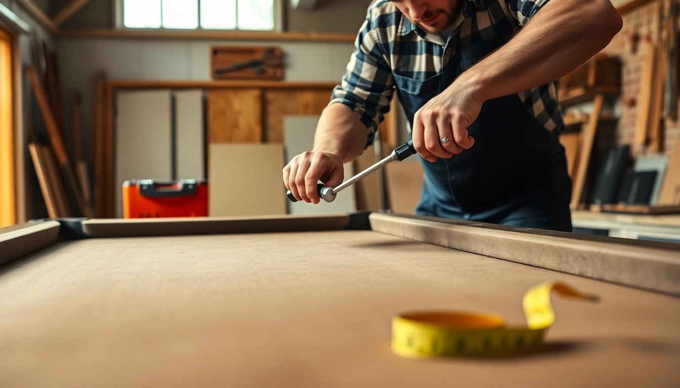 Expertly performing pool table disassembly with tools in a workshop setting.