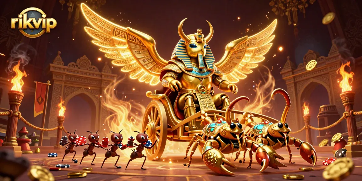 Engage with rikvip's thrilling gaming atmosphere featuring a golden scarab and scorpions amidst vibrant casino elements.