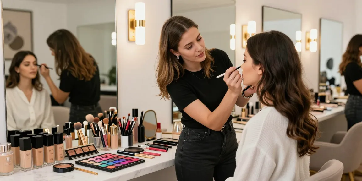 Trucco personalizzato applicato durante consulenza in studio di bellezza, prodotti disposti elegantemente.