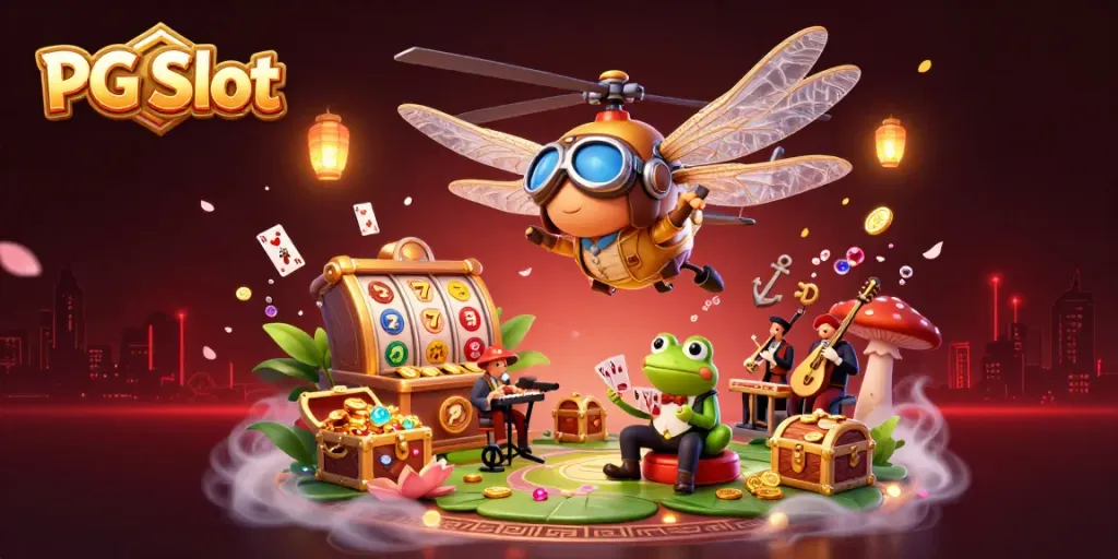 Experience the excitement of PG Slot gaming with a vibrant scene of animated characters in a lily pad casino.