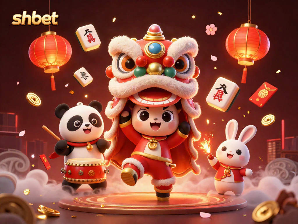 shbet celebrates with a lion dance and vibrant casino elements in a colorful 3D scene.