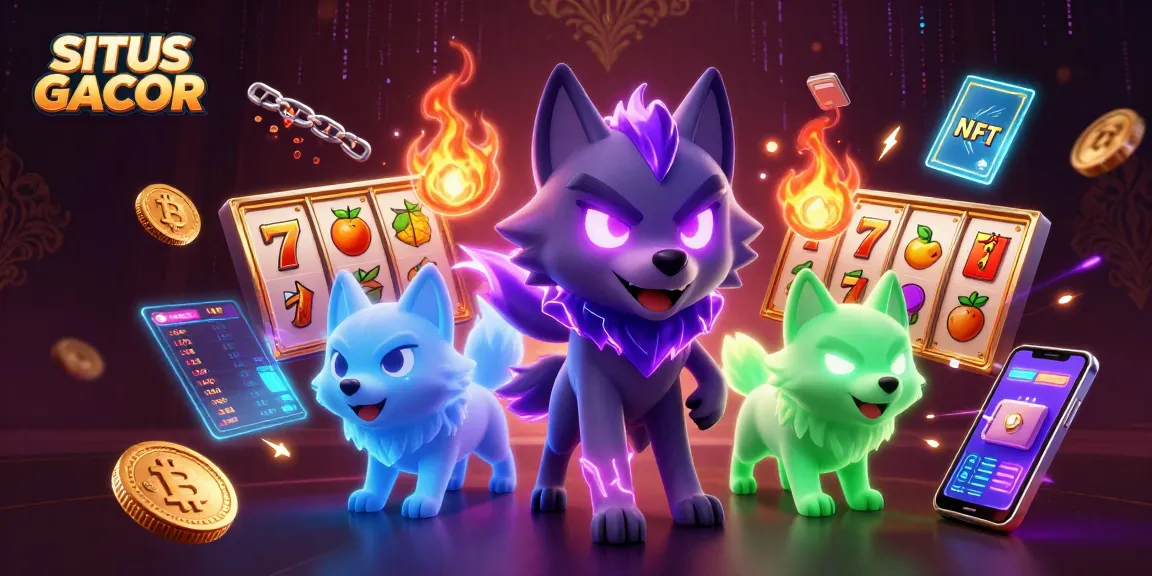 SITUS GACOR features a dynamic illustration of a wolf pack leader amidst vibrant slots and crypto coins, symbolizing thrilling online gambling.
