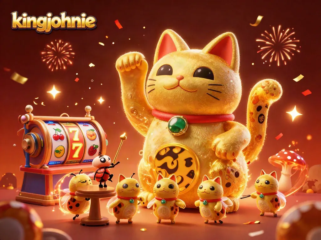 Experience the excitement of kingjohnnie with a vibrant 3D illustration featuring a lucky cat, slot reels, and celebratory symbols.