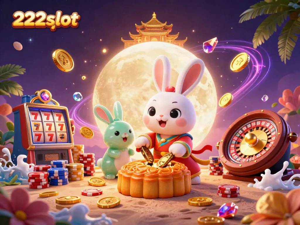 Gambarlah 222slot yang mengilustrasikan kelinci bulan mengolah kue sambil dikelilingi dengan koin emas dan permainan slot yang menawan.
