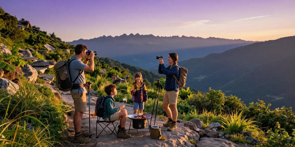 Family adventure at thatmountainlife.com, enjoying hiking and cooking in stunning mountain scenery during sunset.