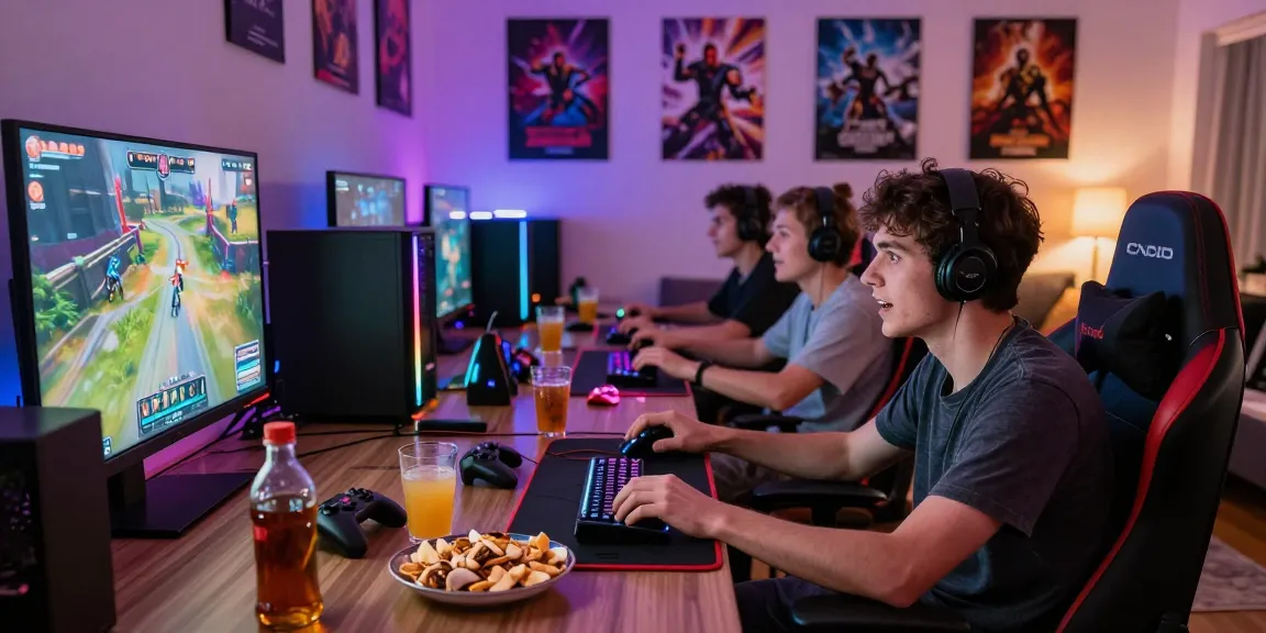 Friends enjoying a gaming night with jacktoto, vibrant lights, and multiple consoles.