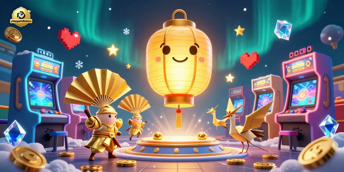 Interact with playgamebanca’s captivating 3D illustration of a golden lantern spirit at a lively casino.